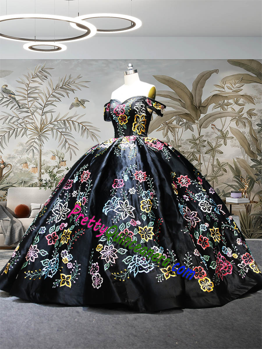 Black Charro Themed Colorful Flower Embroideried Quinceanera Dress without Train