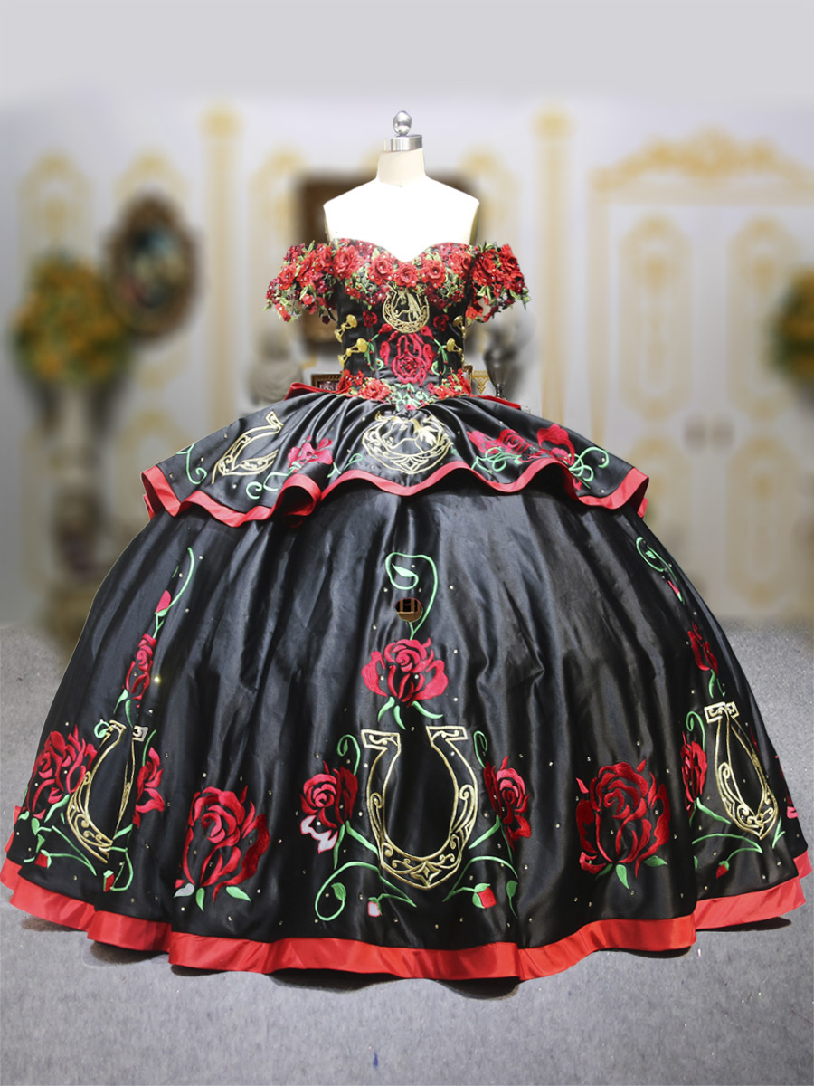 Charro Black Rose and Horseshoe Embroidery Red Flowers Quinceanera Dress