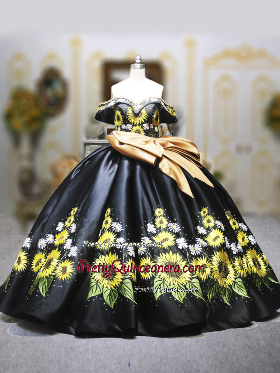 Charro Style Sunflower Embroidery Black Quinceanera Dress with Gold Bow
