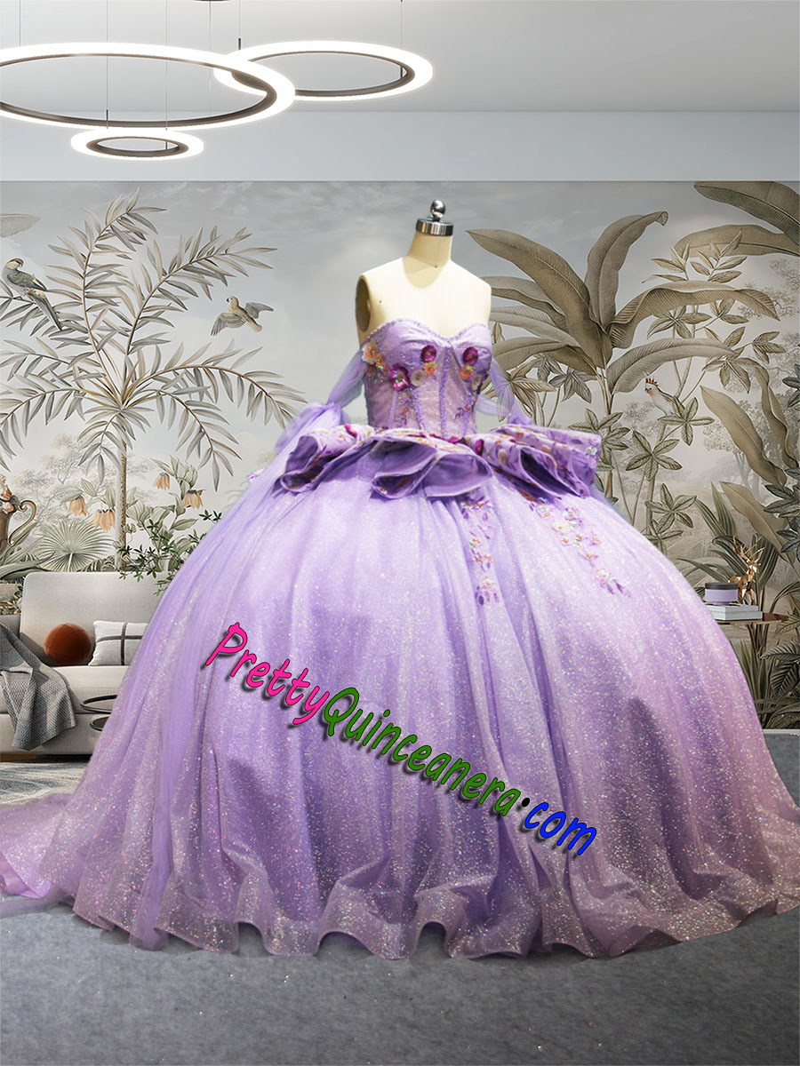 Glitter Lace Multicolor Sequined Floral Ruffles Illusion Quinceanera Dress