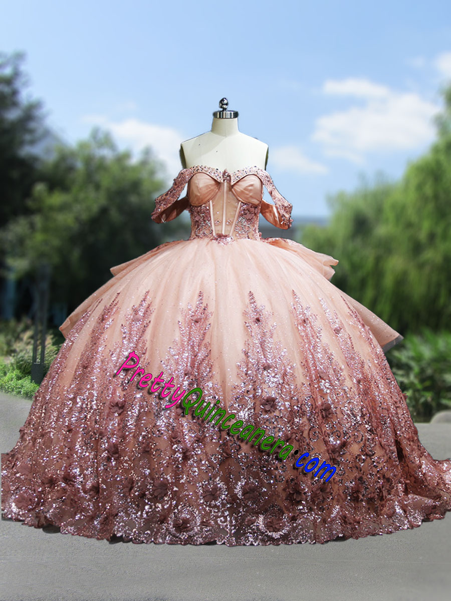 Rose Gold Glitter Lace Cap Sleeves Illusion 3D Floral Quinceanera Gown with Chapel Train