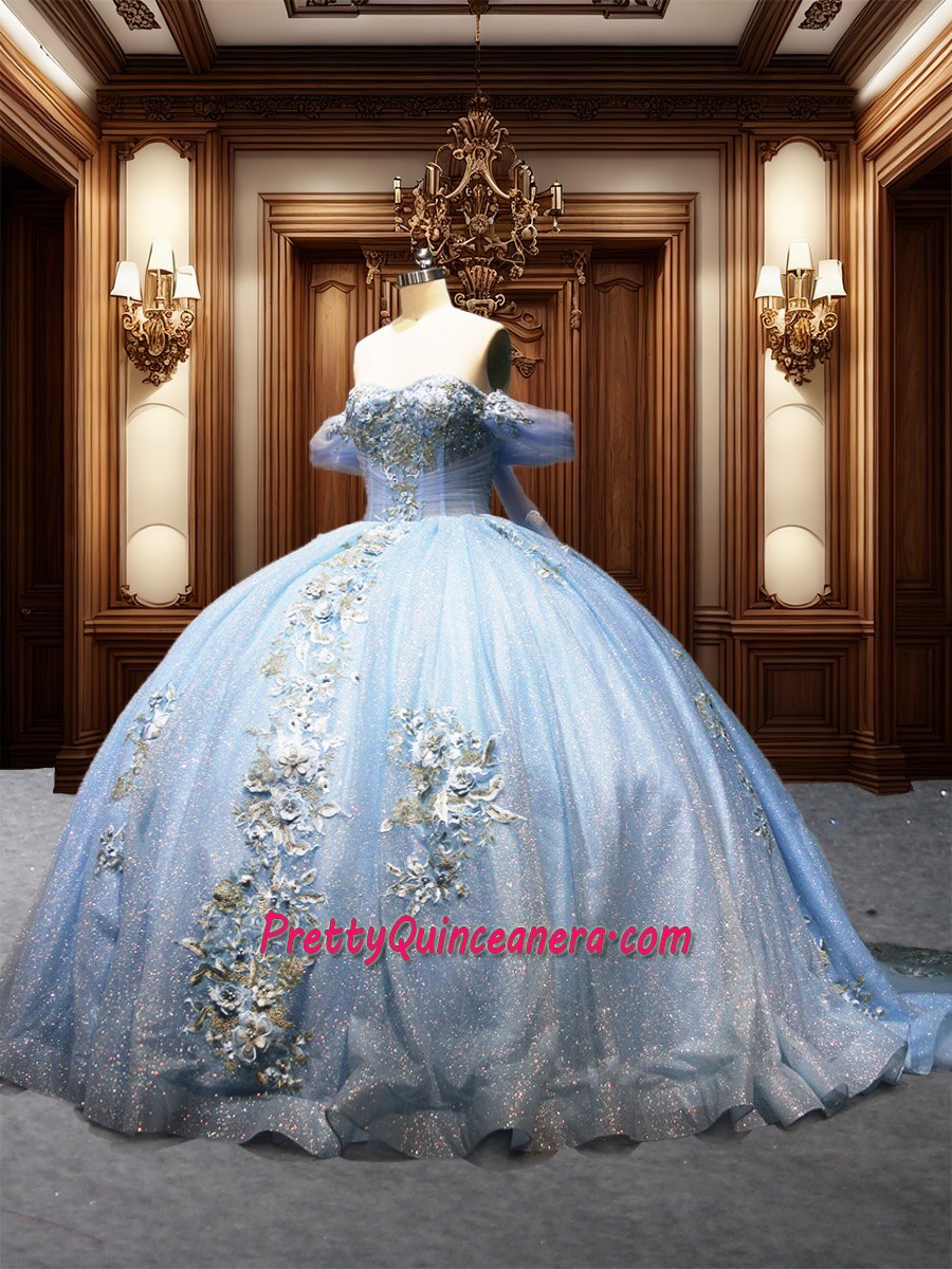 Sky Blue Glitter See Through Bodice Off Shoulder Long Cape Quinceanera Dress