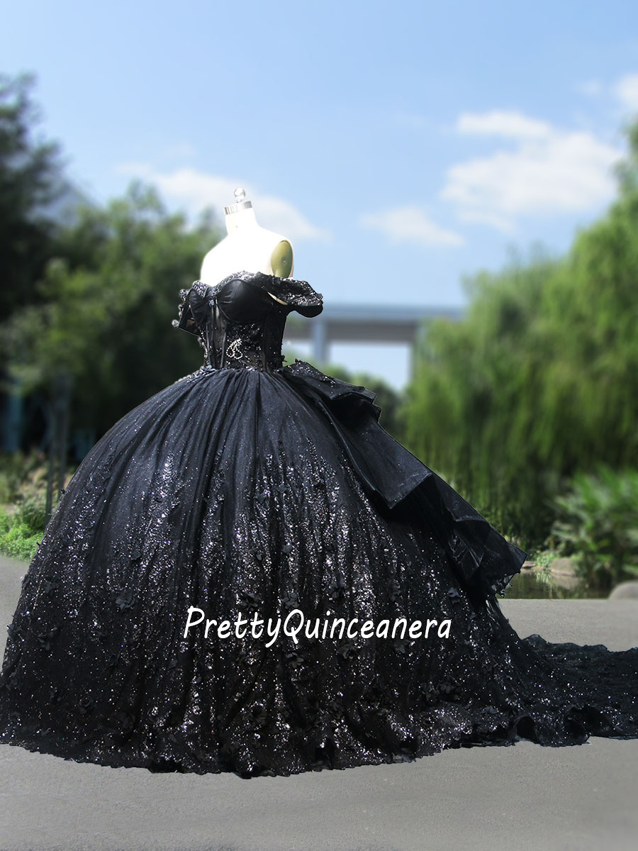 Sparkle Lace Cap Sleeve Black Big Train Quinceanera Dress with 3D Flowers