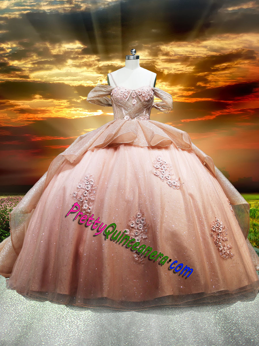 Real Rose Gold Quinceanera Dress Sparkling Beaded Straps Long Ball Gown