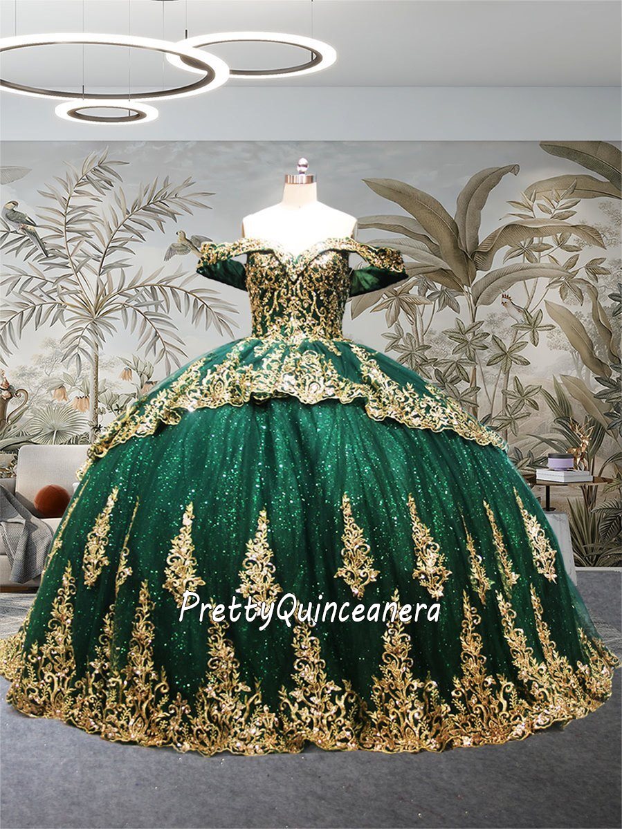 Emerald Off Shoulder Tiered Lace Glitter Tulle Quinceanera Dress Long Train