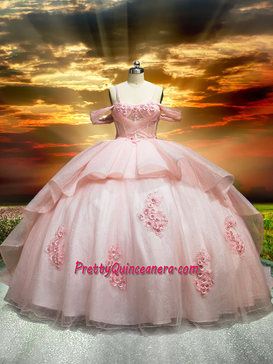 Glitter Blush Pink Off Shoulder Straps Illusion Quinceanera Dress with Train