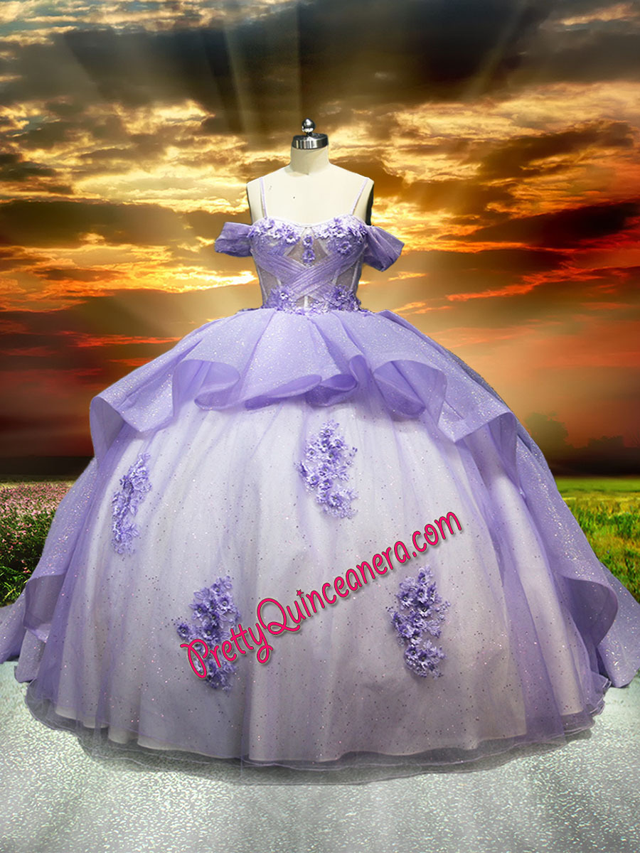 Lilac Cross Illusion Straps Twinkle Lace Quinceanera Dress with Train
