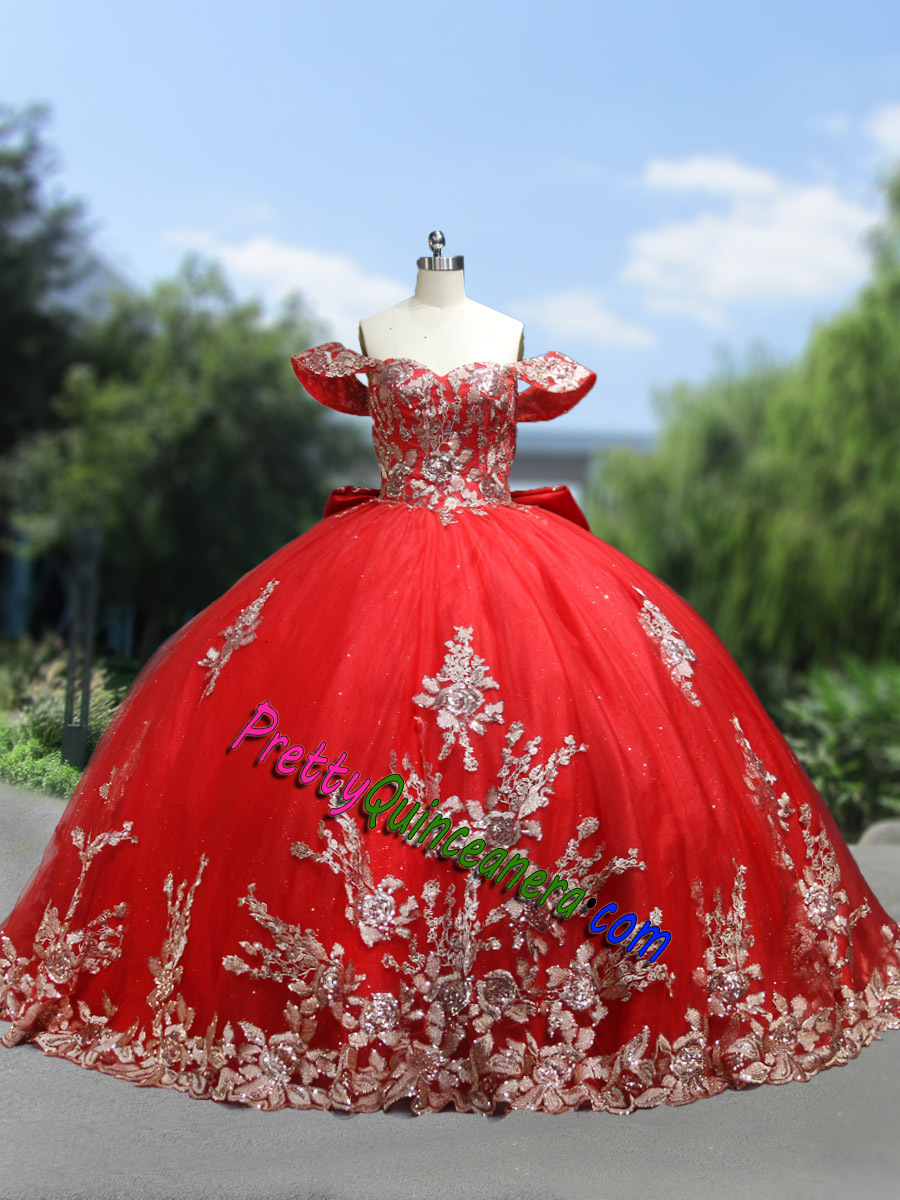 Red and Sparkling Bow Back Detachable Train Lace-up Back Quinceanera Dress