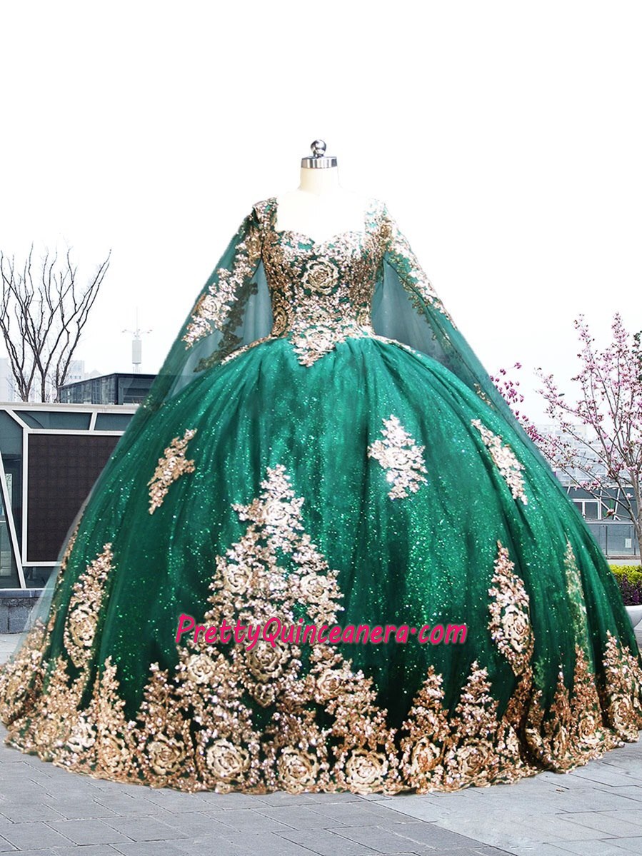 Shimmering Metallic Lace Emerald and Rose Gold Quinceanera Dress with Cape