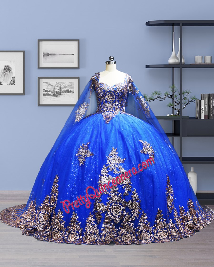 Sparkle Royal and Rose Gold Sequin Pattern Quinceanera Dress with Cape Sleeve