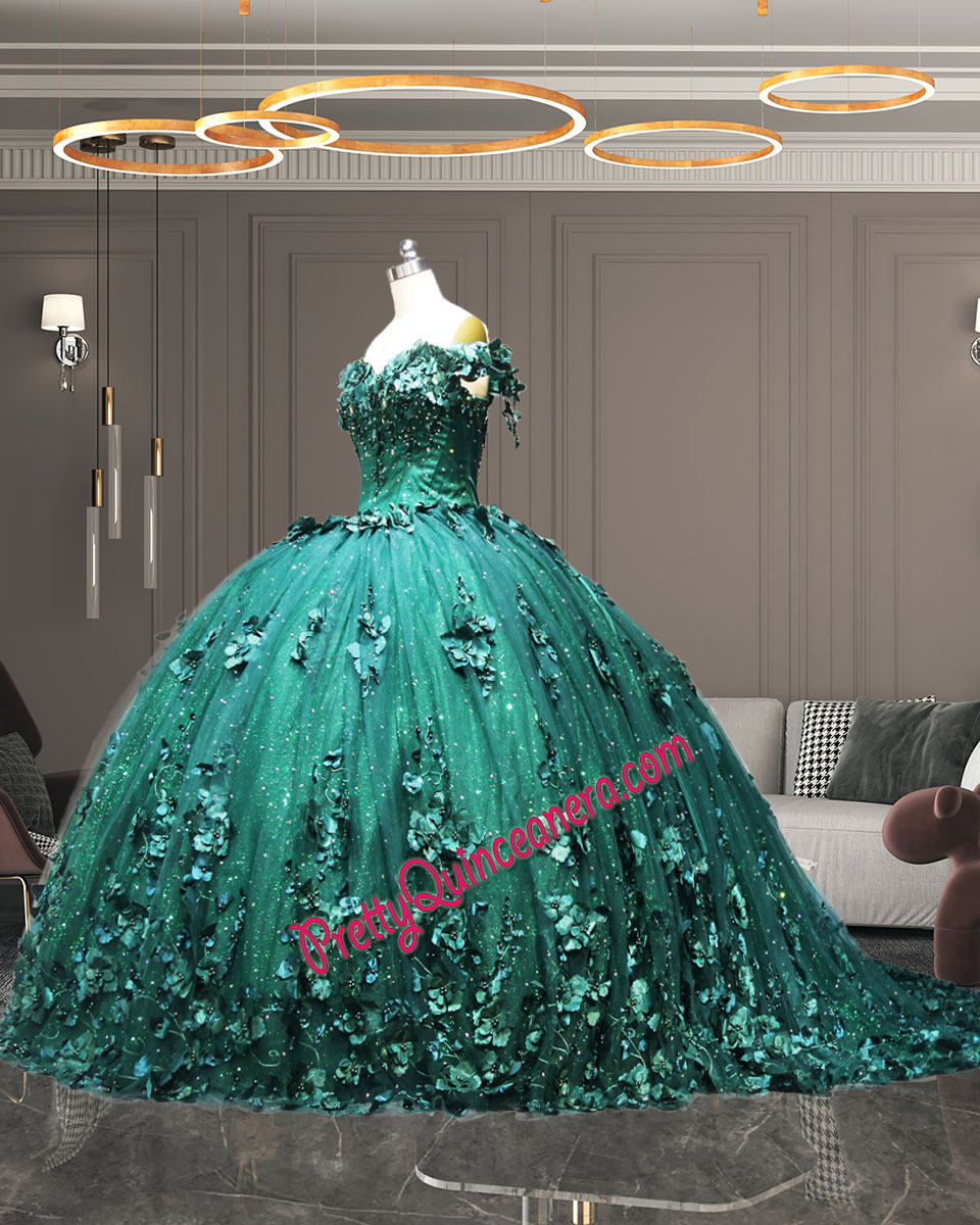 Beautiful Crystals Three Dimensional Flower Train Quinceanera Dress Emerald Green