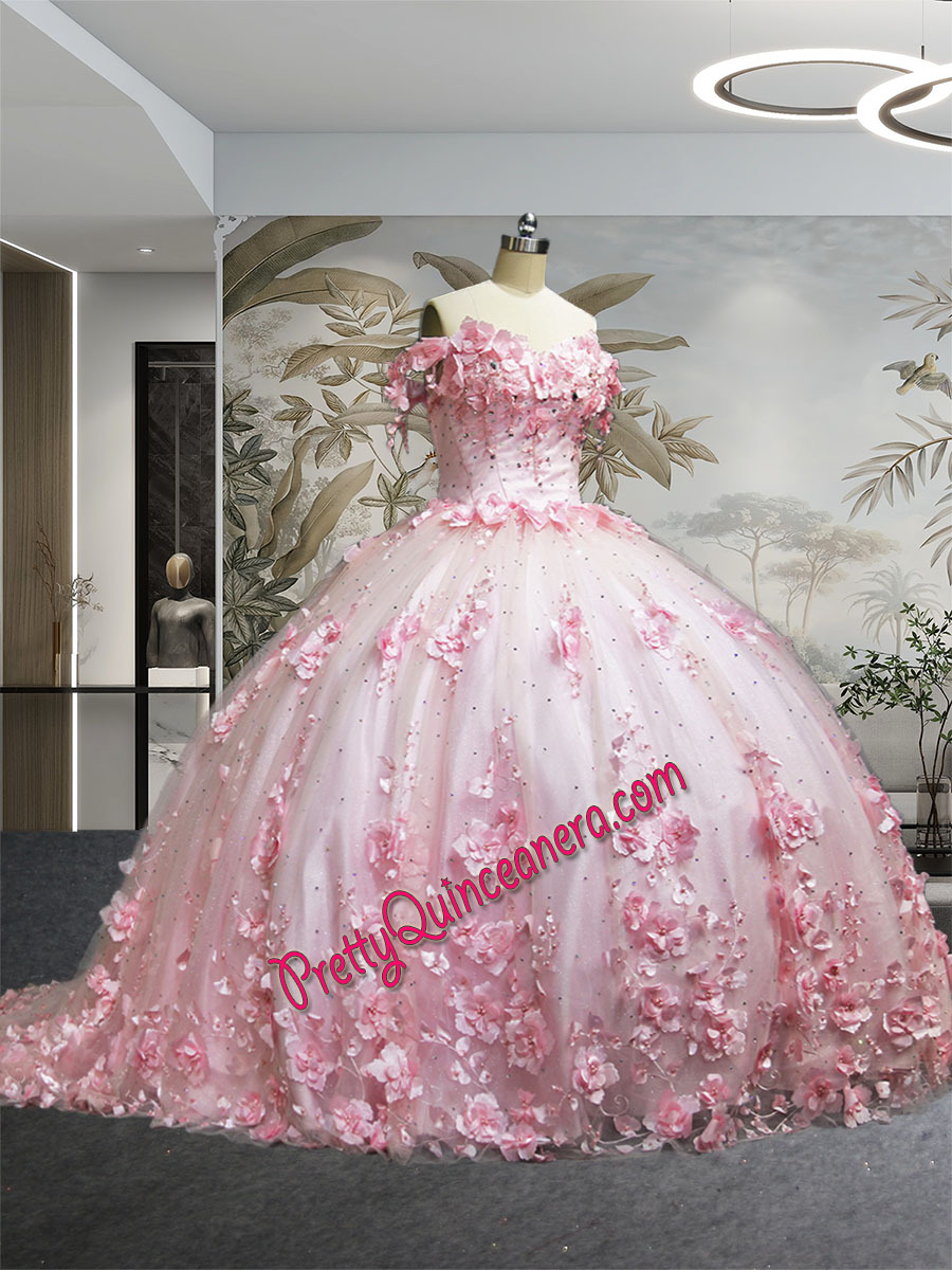 Luxurious Light Pink 3D Flowers Lace Long Train Quinceanera Dress Off Shoulder
