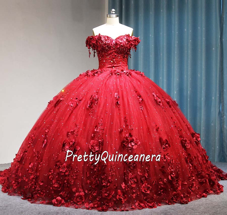 Wine Red Off Shoulder 3D Floral Quinceanera Dress Sweet 16 Dress for 15th Birthday