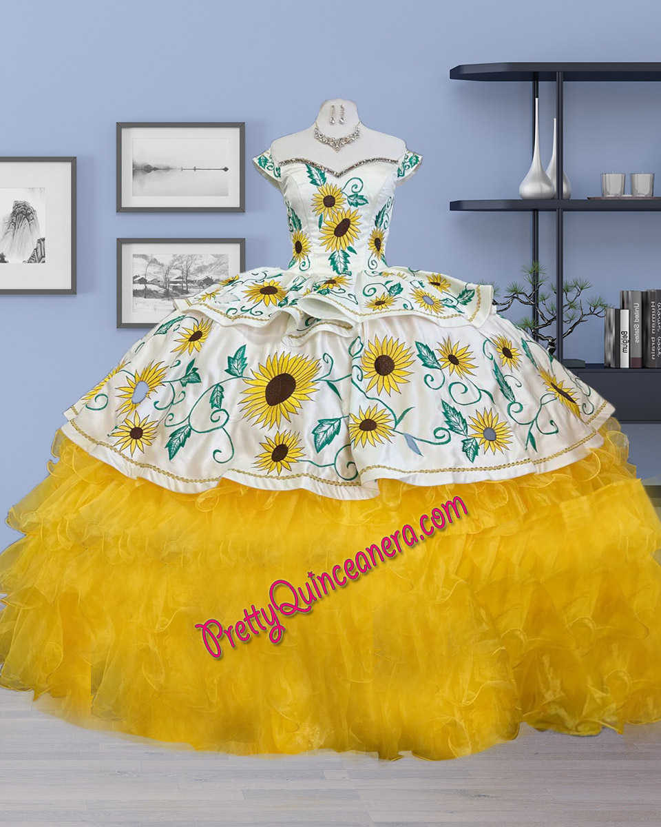 Sunflowers Embroidery Garden Charro Ruffles Cap Sleeve Quinceanera Dress with Bow Back