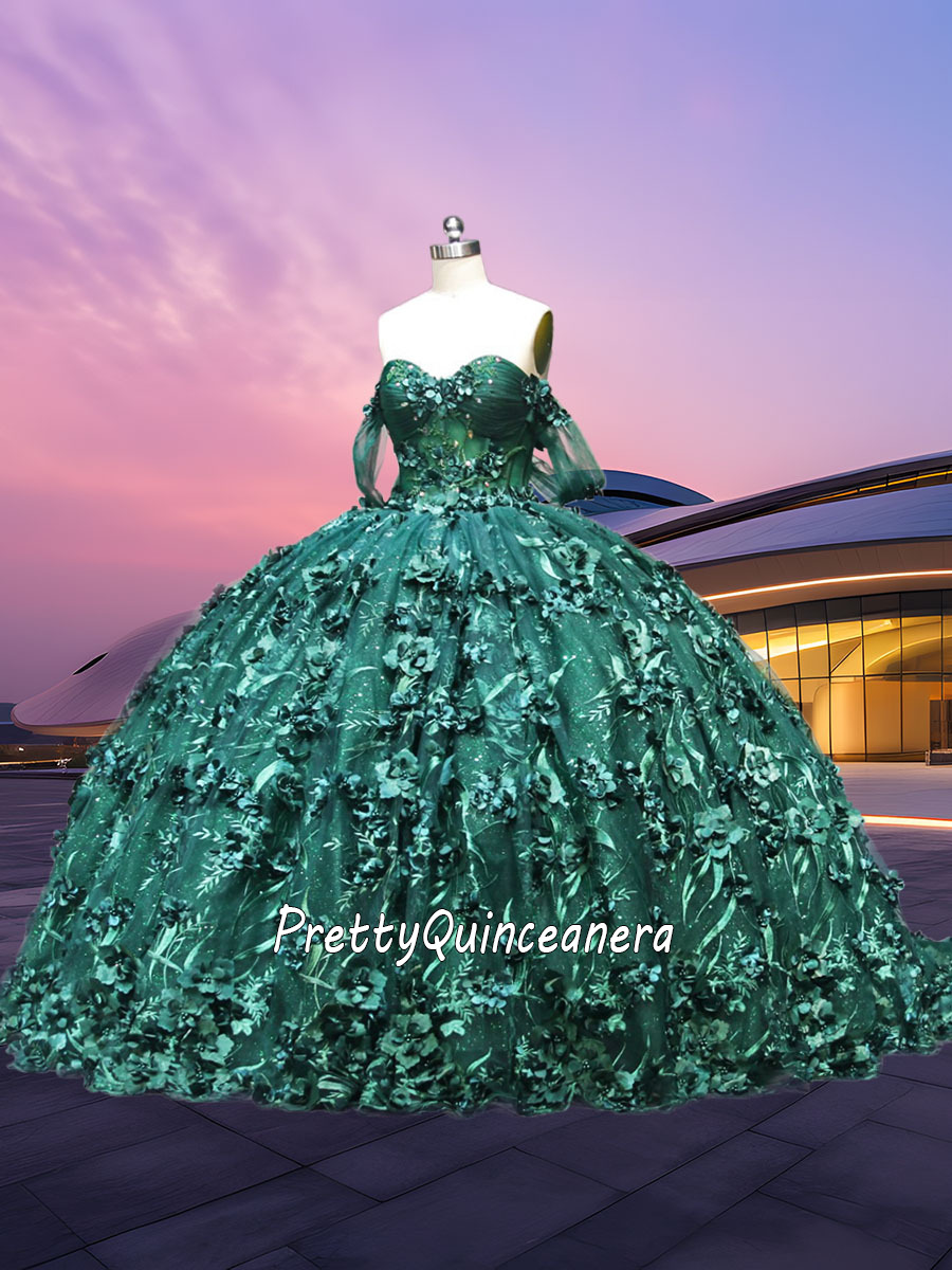 Emerald Dark Green 3D Flowers Beading Illusion Bodice Quinceanera Gown with Train