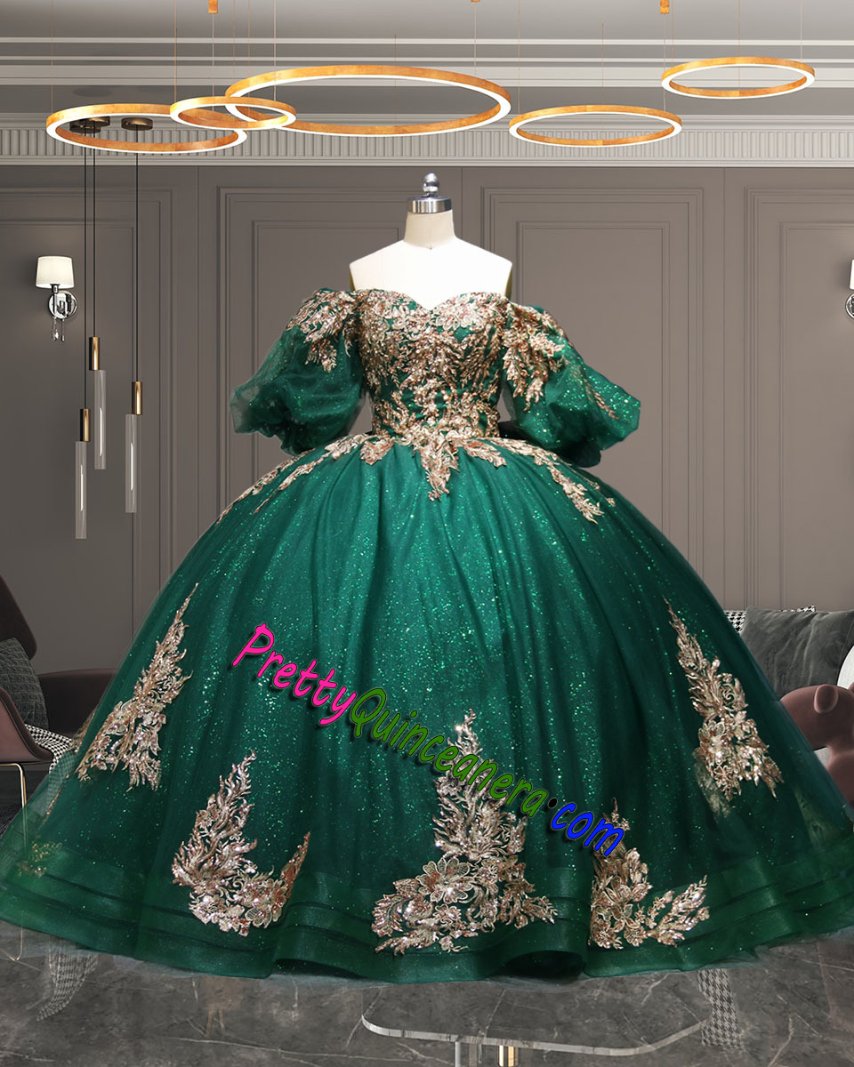Emerald and Rose Gold Sequined Appliques Balloon Sleeves Detachable Bow Quinceanera Dress