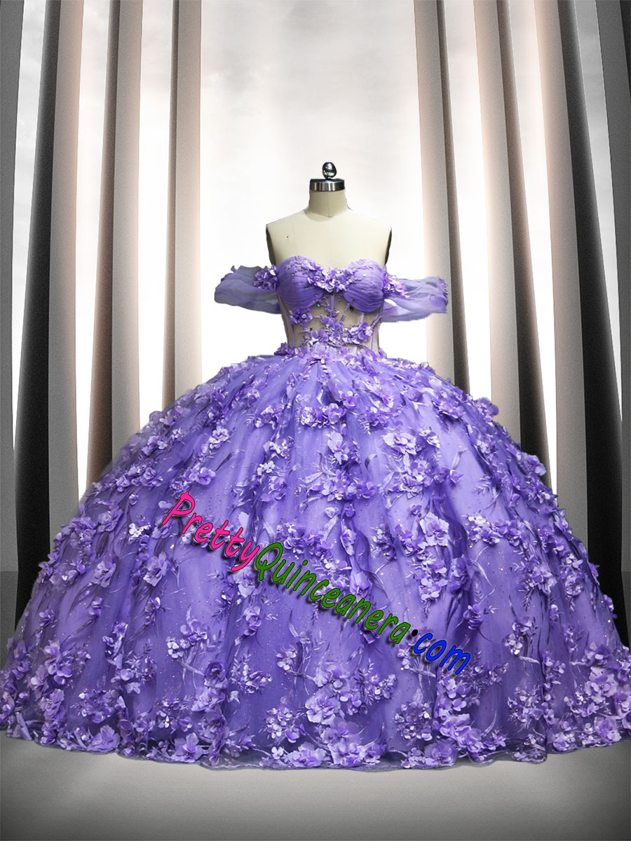 Lilac Off Shoulder Crystals Beaded Illusion Chapel Train Quinceanera Dress Light Purple