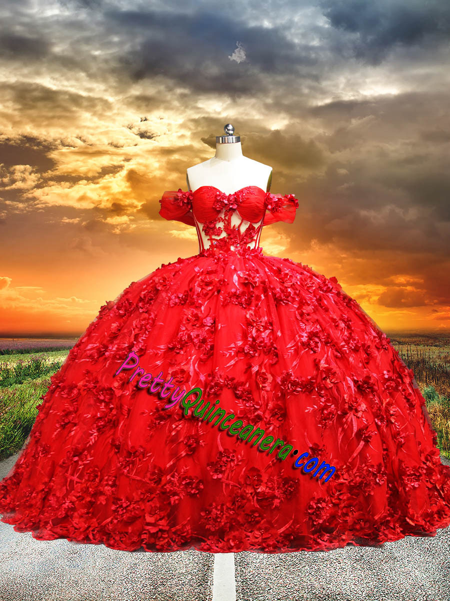 Red Off Shoulder See Through Bodice 3D Flowers Quinceanera Dress
