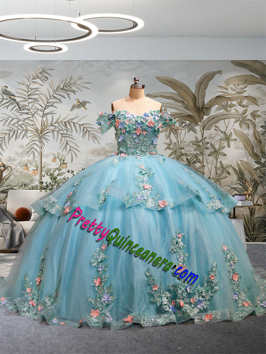 Aqua Light Blue Tiered Skirt Off-The-Shoulder Sweet 16 Gown Multi Color 3D Flowers