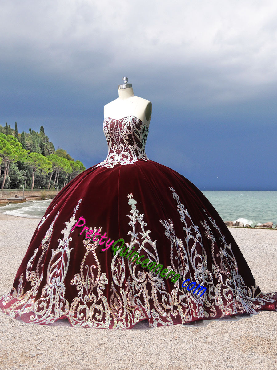 Burgundy Strapless Velvet Detachable Long Sleeves Quinceanera Dress with Gold Sequin Lace