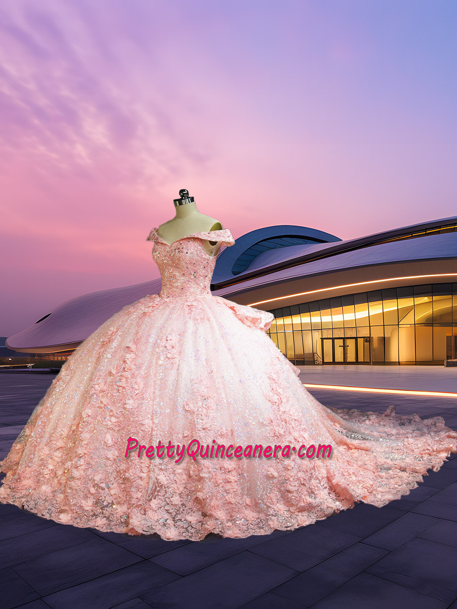 Blush 3D Floral Cascading Ruffles Detachable Royal Train Quinceanera Dress Back with Bow