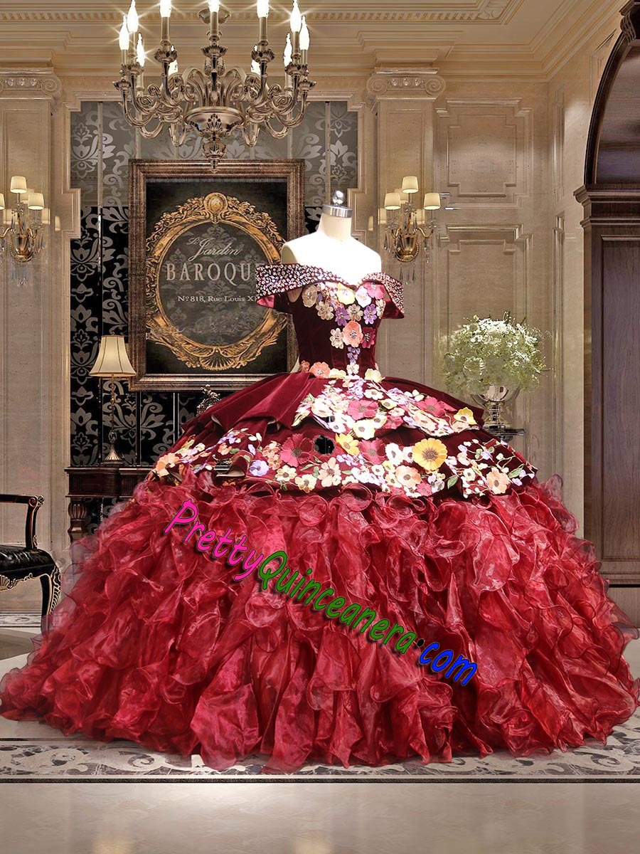 Burgundy Charro Velvet Organza Ruffles Crystal Beaded Neckline Quinceanera Dress with Cathedral Train