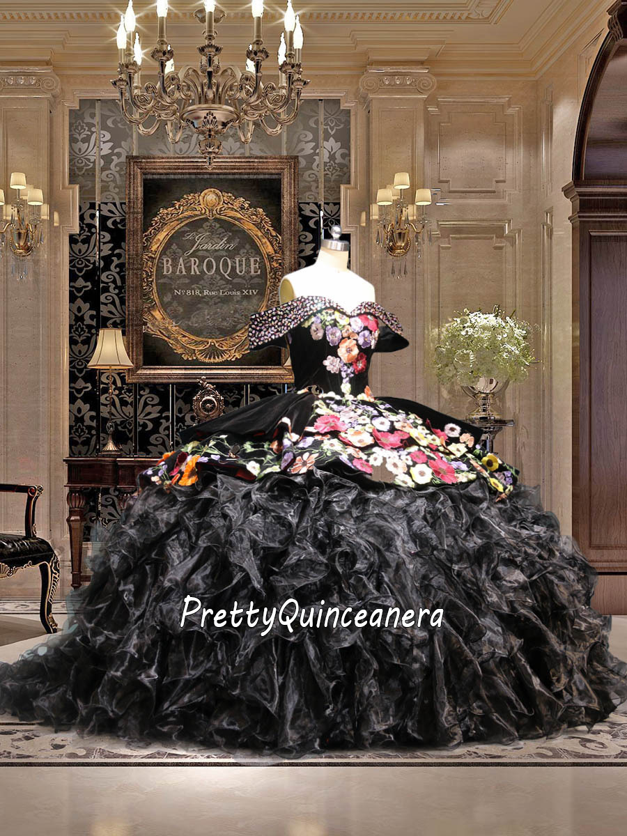 Charro Style Black Off Shoulder Embroidered Floral Velvet Ruffled Quinceanera Dress with Cathedral Train