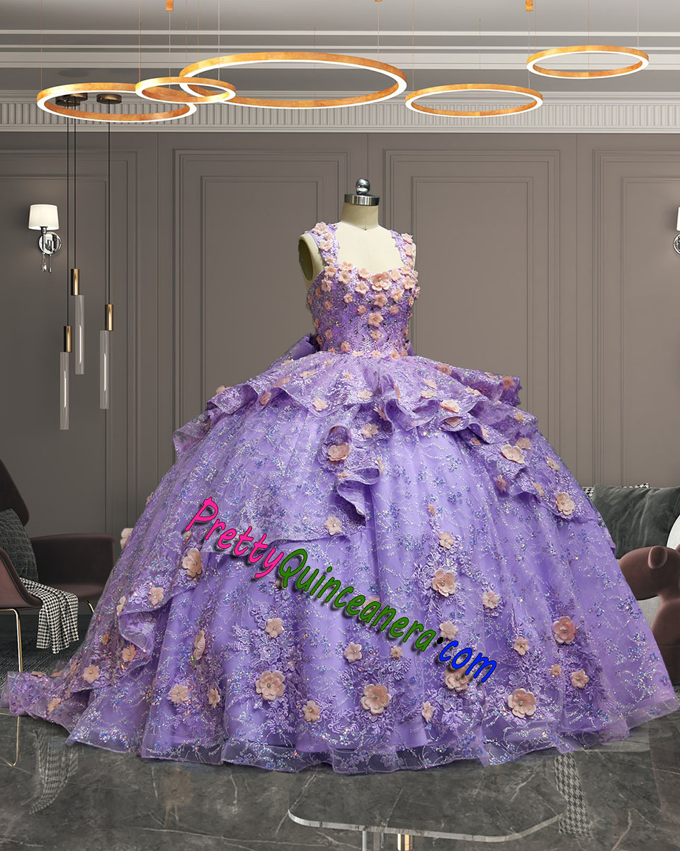 Lilac Glitter Tulle Ruffle Skirt Sweetheart 3D Floral Quince Gown with Removable Bow and Straps