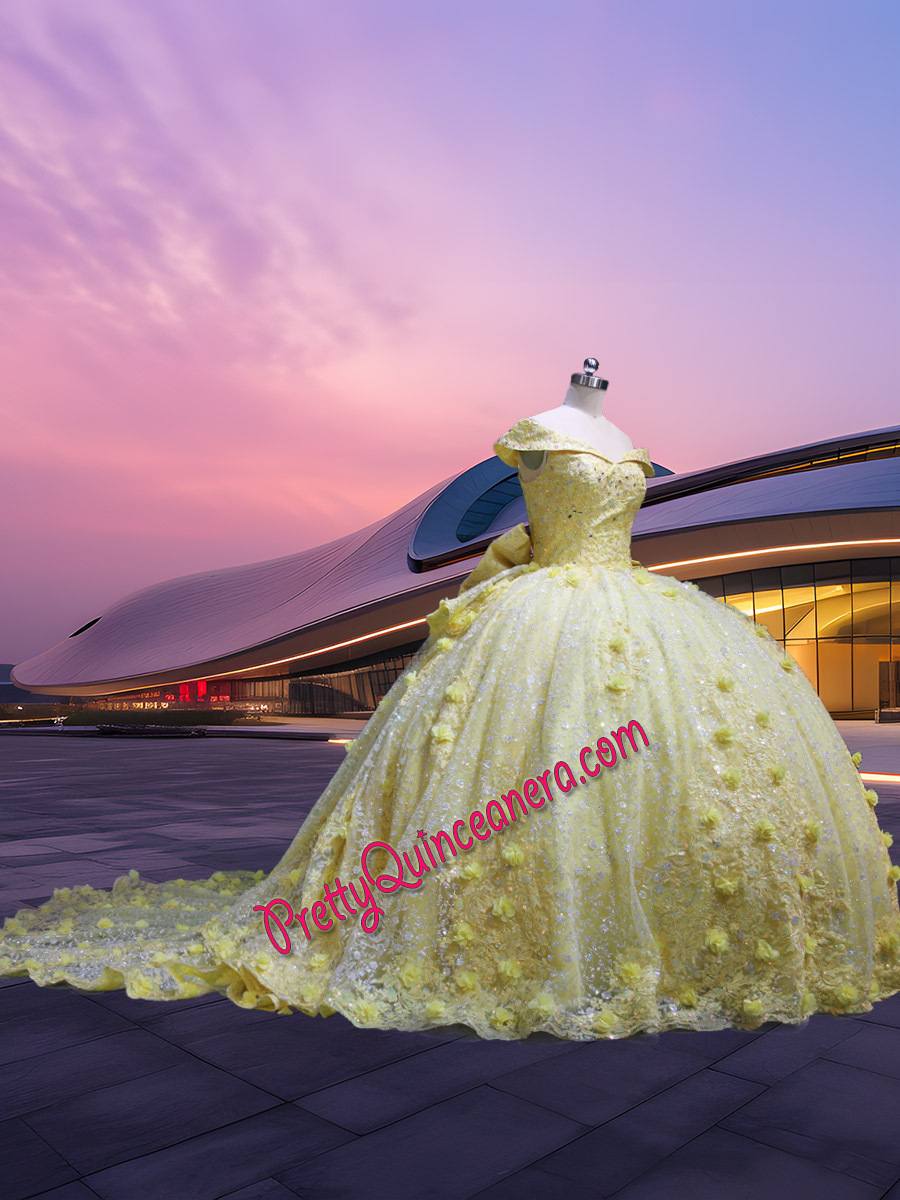Yellow Glitter Tulle Portrait Neckline 3D Flowers Quinceanera Dress with Detachable Cathedral Train