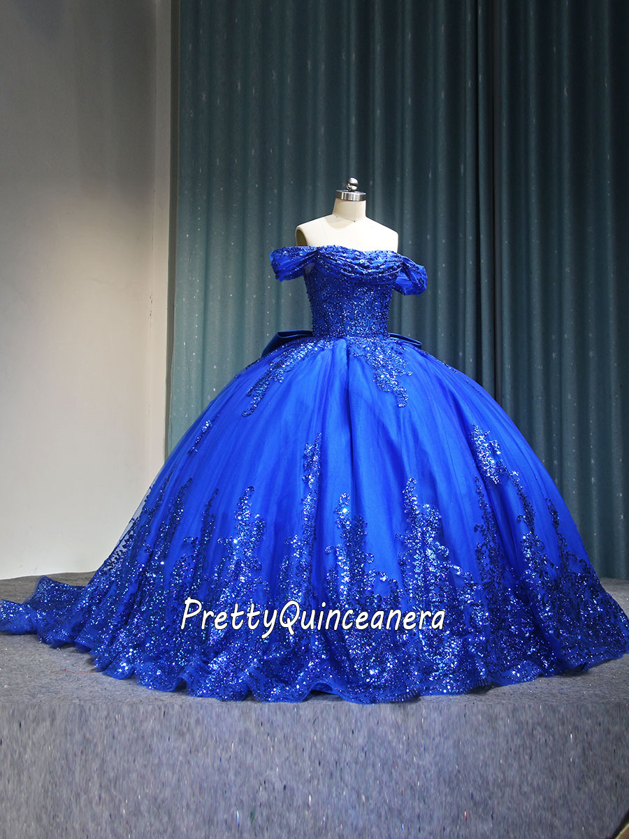 Elegant Brand New Royal Blue Big Bow Back Pearls Beading Quinceanera Dress