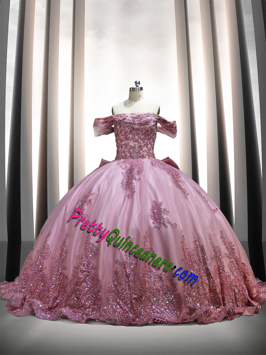 Glitter Lace Dusty Pink Off Shoulder Court Train Quinceanera Dress with Bow Back