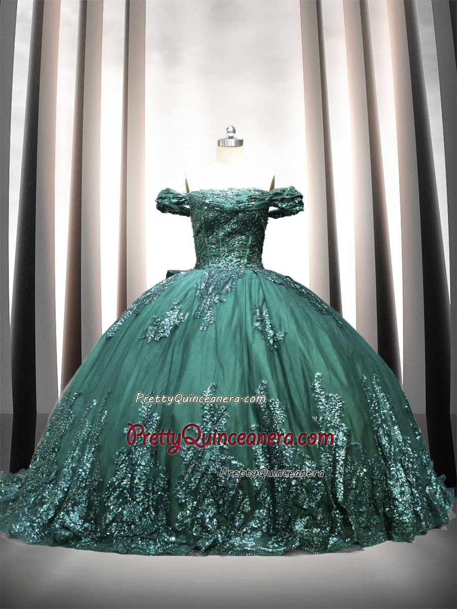 Sparking Emerald Off Shoulder Long Train Bow Back Quinceanera Dress Wholesale