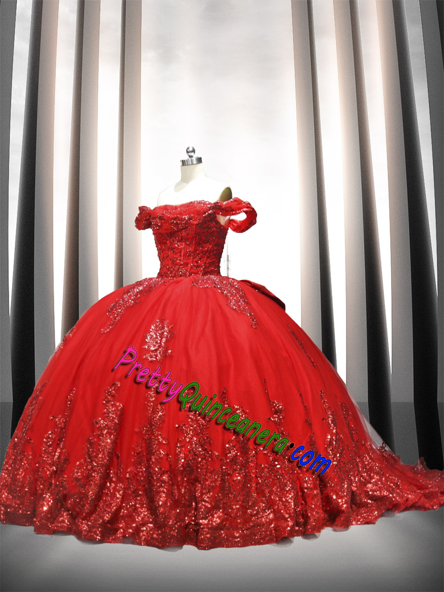 Wholesale Red Color Off Shoulder Big Bow Back Gillter Tulle Quinceanera Dress