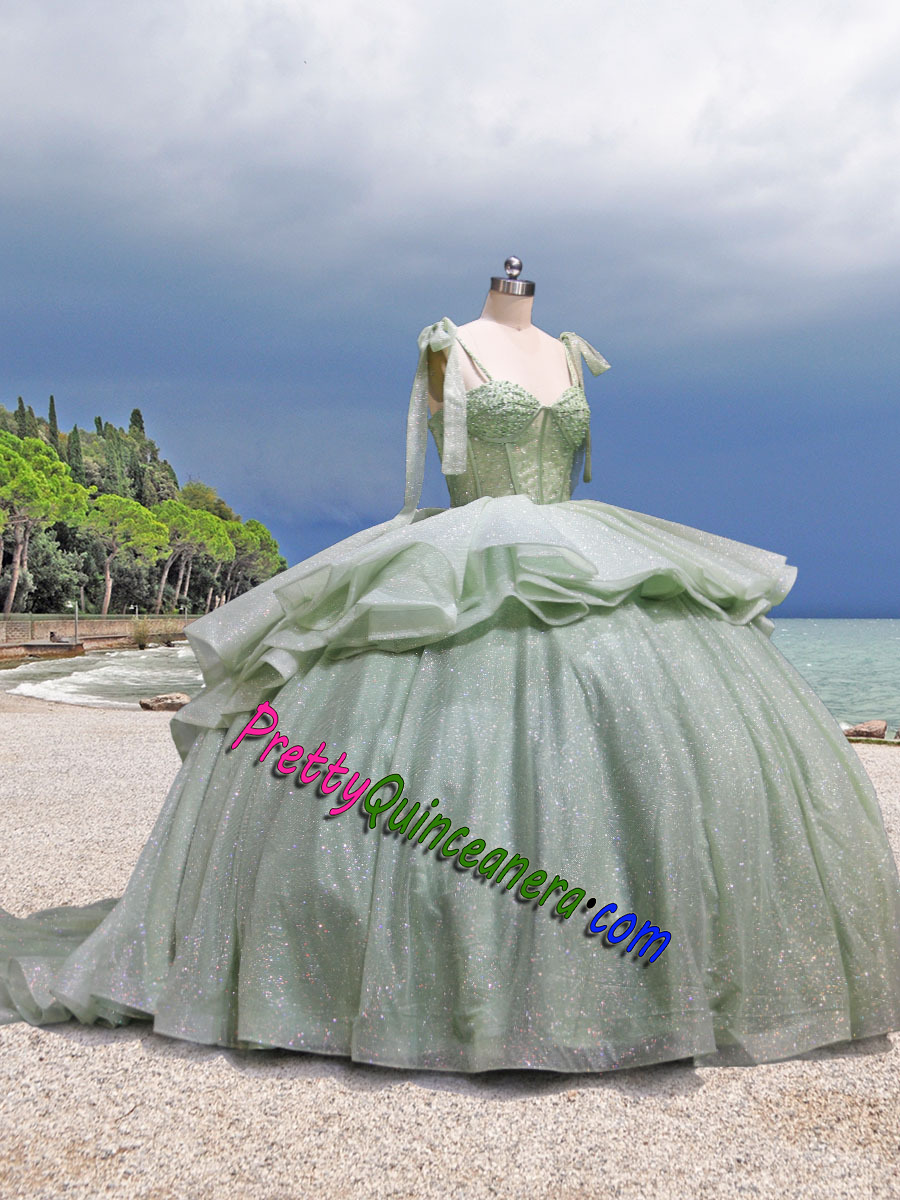 Flaring Sage Color Ruffles Removeable Skirt Quinceanera Dress with Train