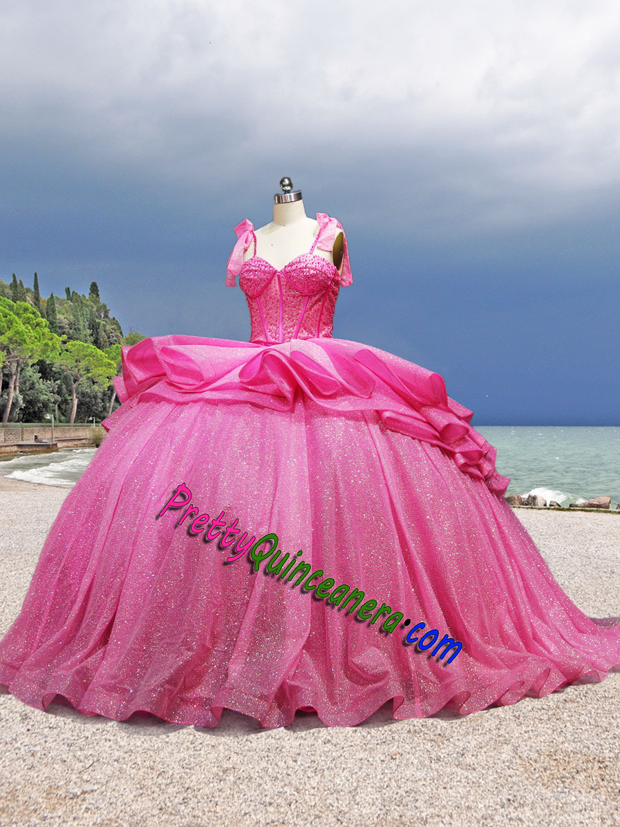 Fuchsia Hot Pink Glitter Tulle Three Pieces Straps Quinceanera Dress with Train