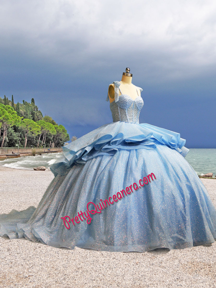 Glitter Tulle Sky Blue Sweetheart Straps Long Train Removable Skirt Quinceanera Dress