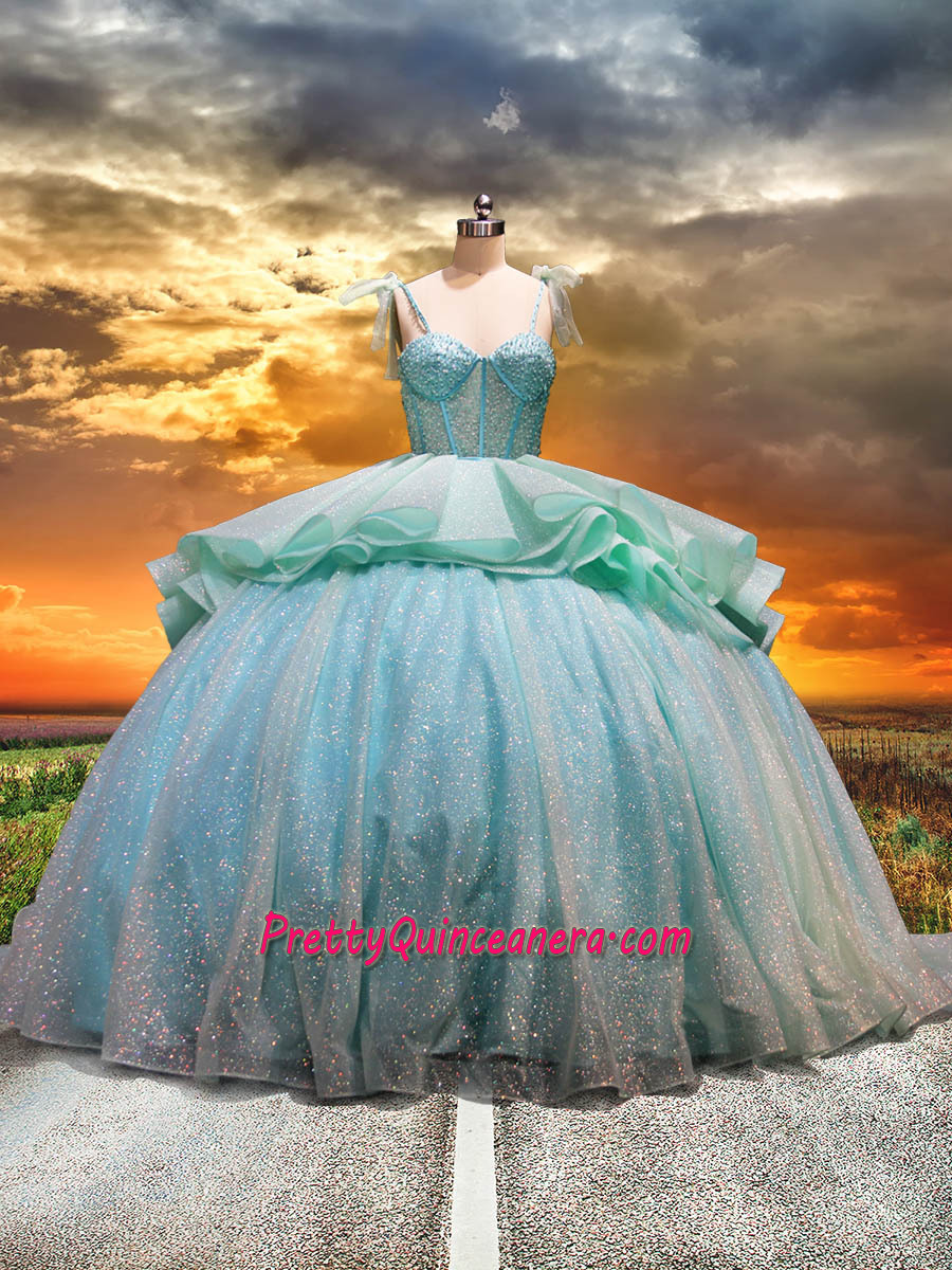 Mint Green Sparking Tulle Detachable Quinceanera Dress with Straps and Train