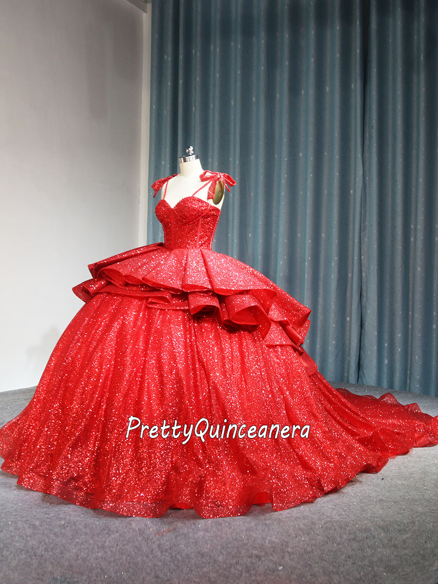 Shiny Red Pears Beaded Bodice Straps Quinceanera Dress with Train