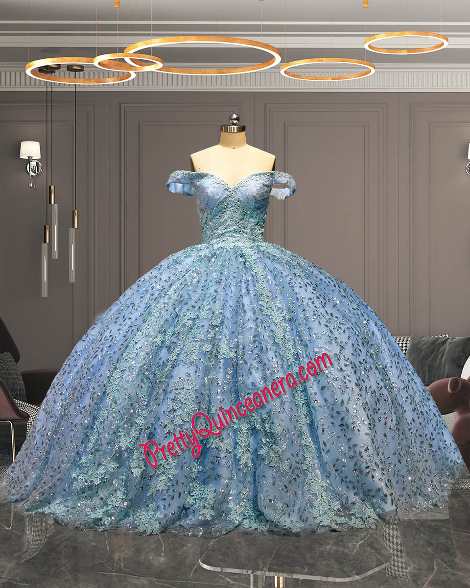 French Blue Patterned Glitter Tulle Quinceañera Dress with Detachable Bishop Sleeves