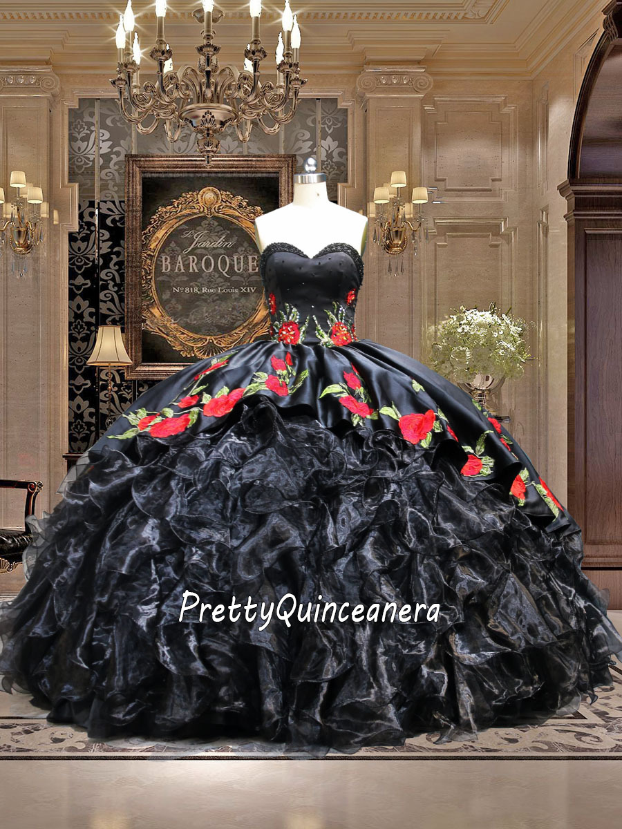 Black and Red Mexican Charro Rose Flower Golden Buttons Ruffled Quinceanera Dress with Bow