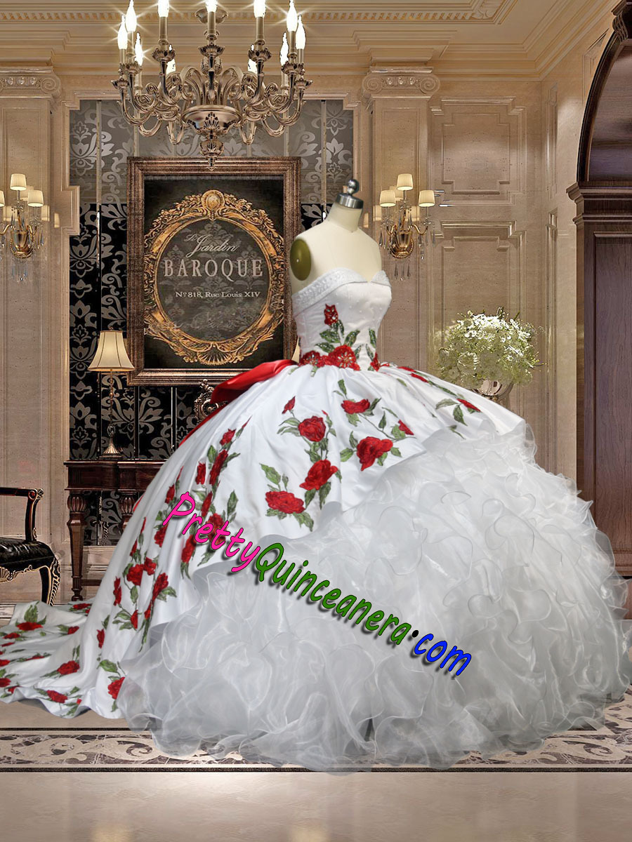 White Ruffles Red Rose Floral Charro Sweetheart Bow Back Quinceanera Dress with Sweep Train