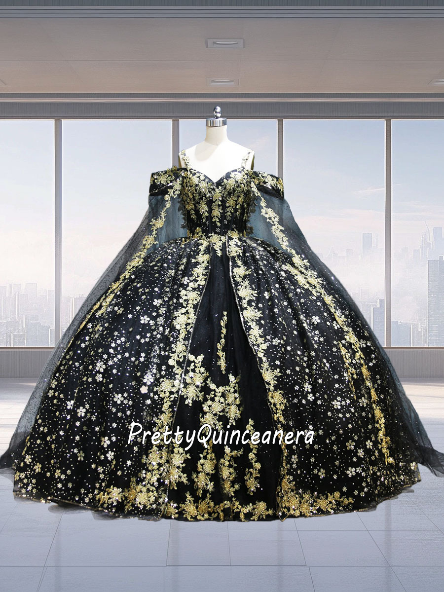 Black Mexican Glitter Tulle Removable Cape Quinceanera Dress Glitter Tulle Skirt