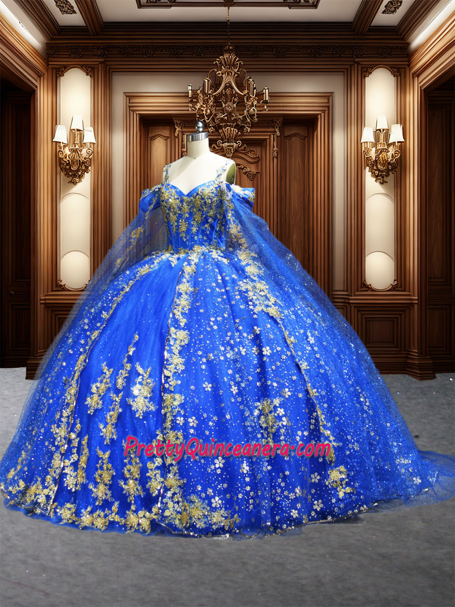 Glitter Embroidered Royal Gold Quinceanera Dress Detachable Off-the-shoulder Cape