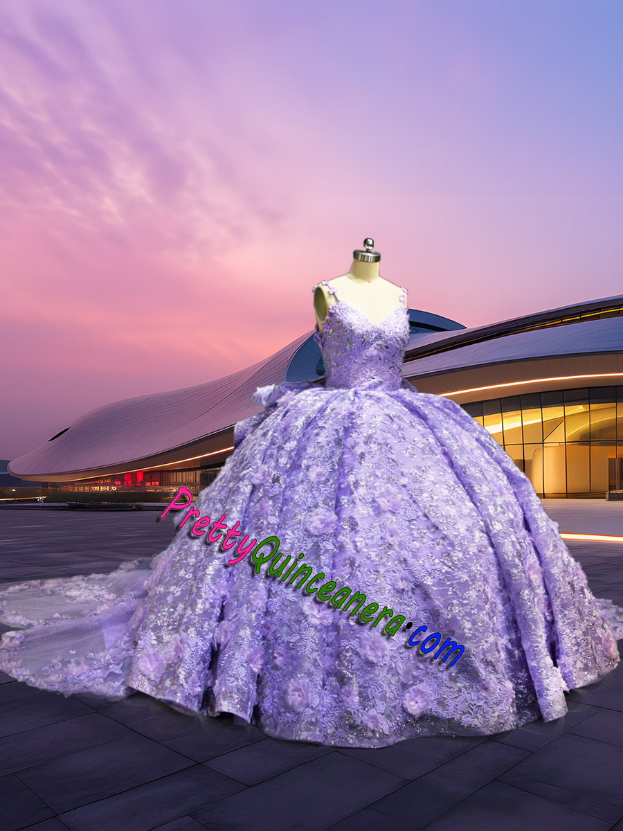 Lavender Floral Appliques Sparkling Lace Quinceanera Gown Detachable Exquisite Sweep Train