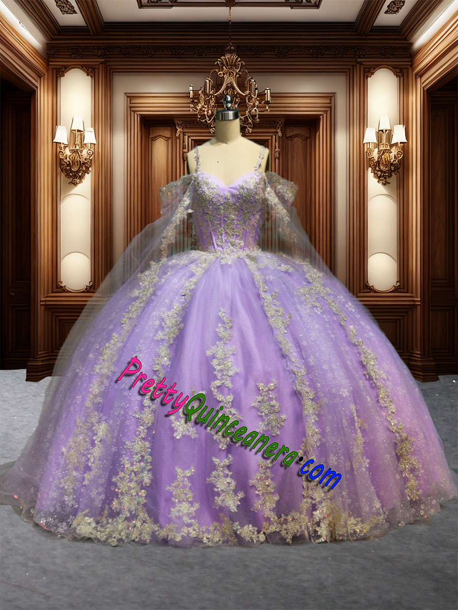 Lilac Silver Embroidered Lace Cracked Ice Detachable Long Cape Quinceanera Gown