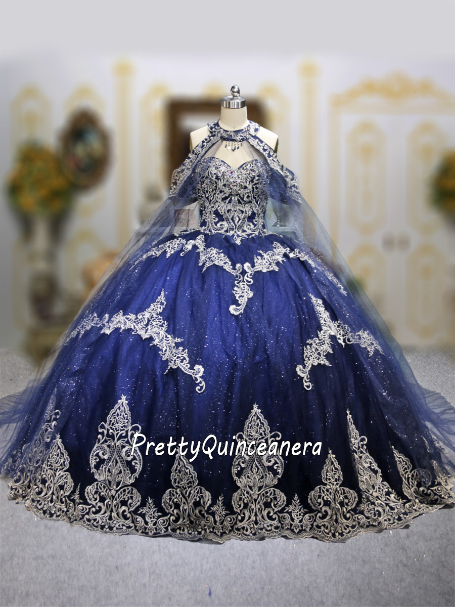 Navy Silver Lace Embroidery Scalloped Hem Spaghetti Strap Quinceanera Gown with Cape