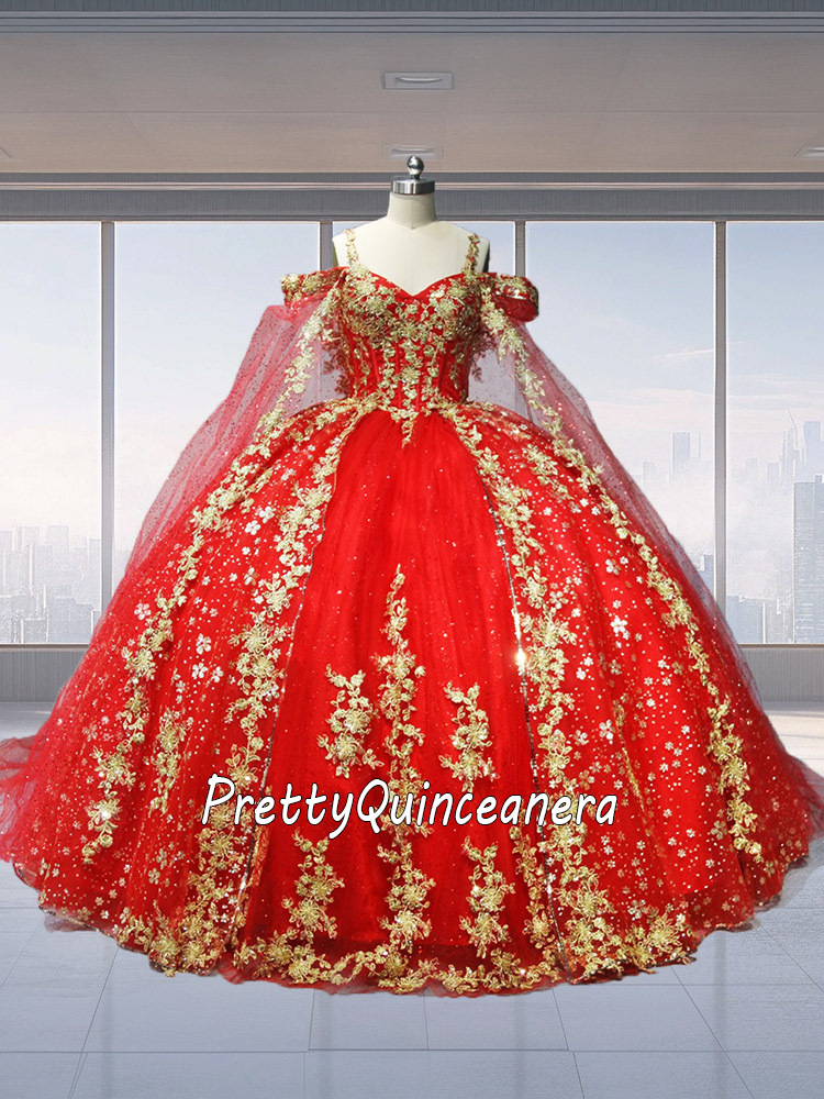 Red Gold Glittery Tulle Skirt Off Should Quinceanera Dress with Cape