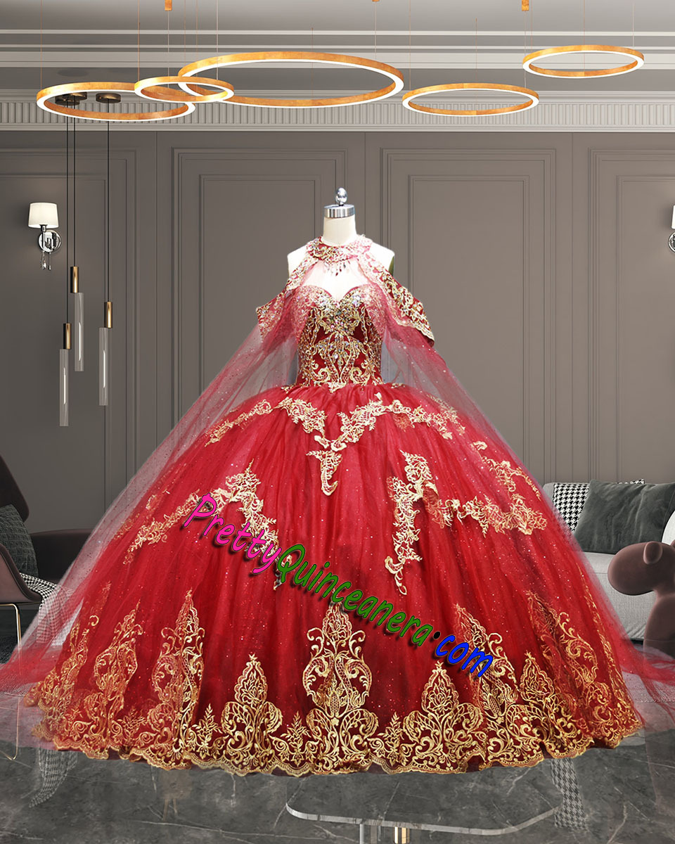 Wine Red Quinceanera Dress with Gold Embroidered Lace and Stone Accents and Matching Cape