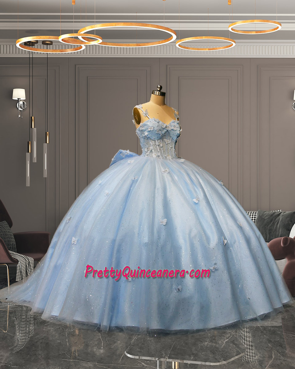 Customized Glitter Tulle 3D Butterfly Bow Sheer Corset Quinceanera Dress Wholesale Price