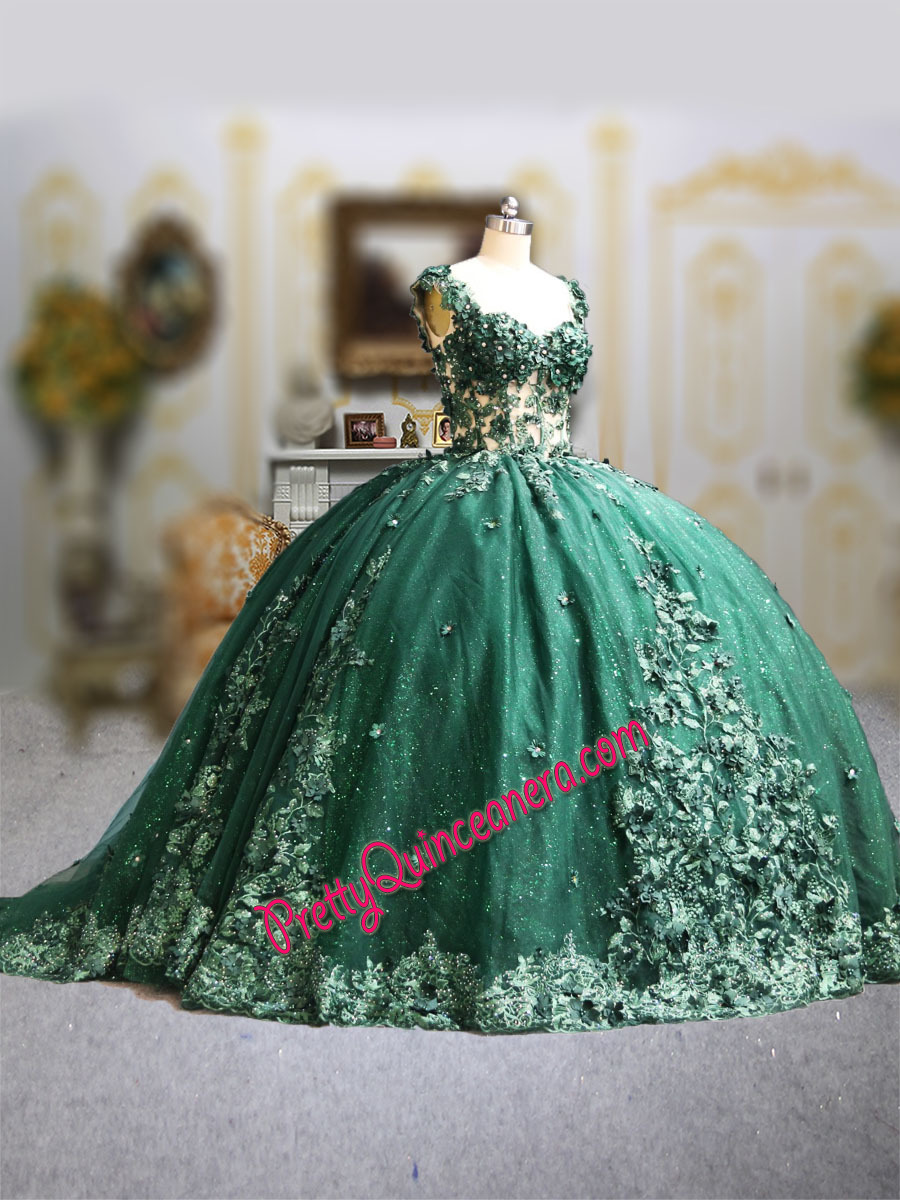 Emerald 3D Flowers Beading Lace Sweep Train See Through Quinceanera Dress Lace up Back